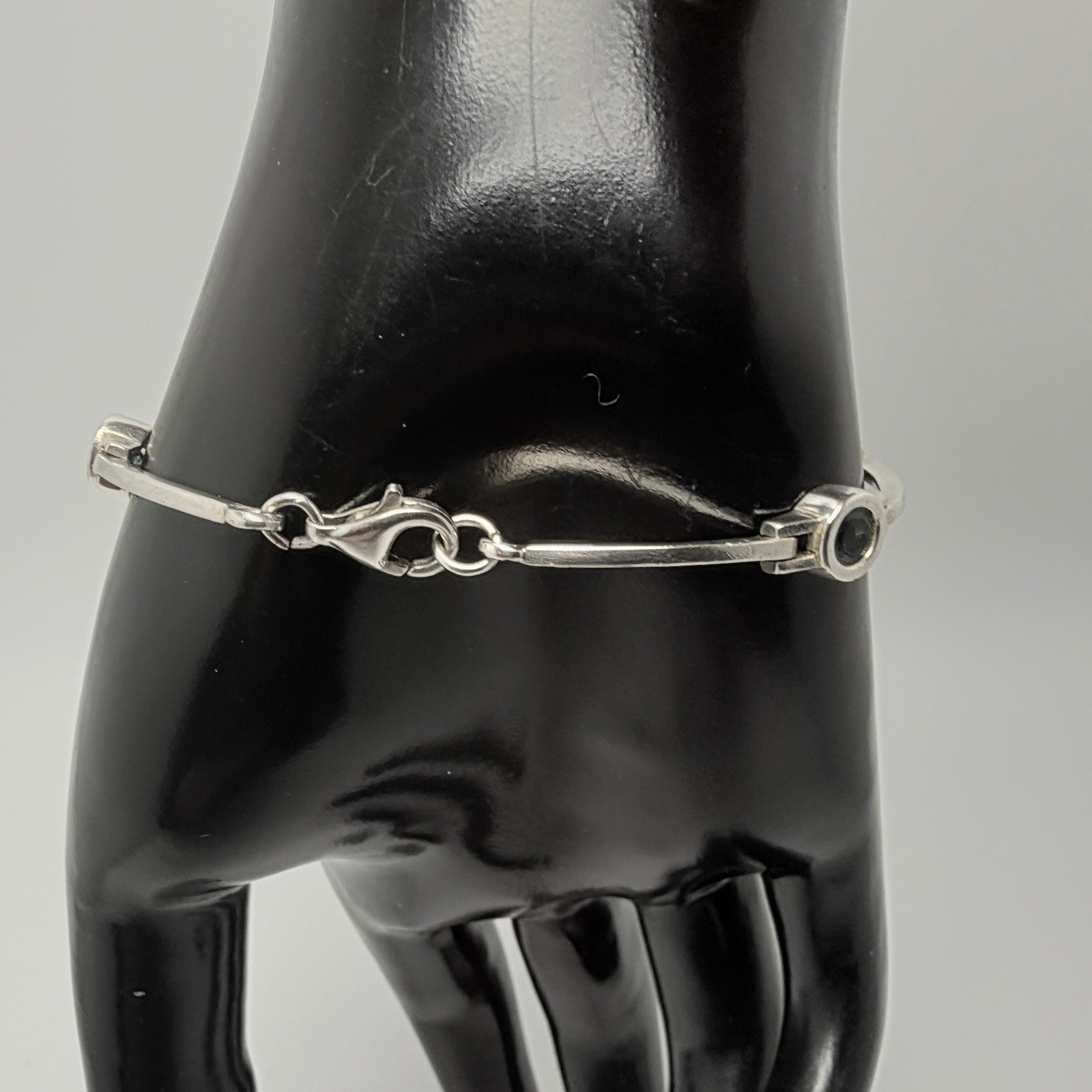 Vintage Estate Style Sterling Silver Link Bracelet Blue Crystal Glass 7.25″ 10g
