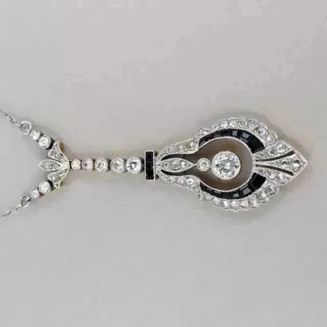 2Ct Art Deco Style Lab-Created Diamond & Onyx Wedding 14K White Gold FN Pendant