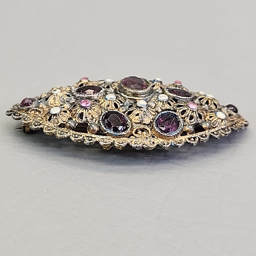 Vintage New England Glassworks Brooch Purple Rhinestones Needs Repair 3″