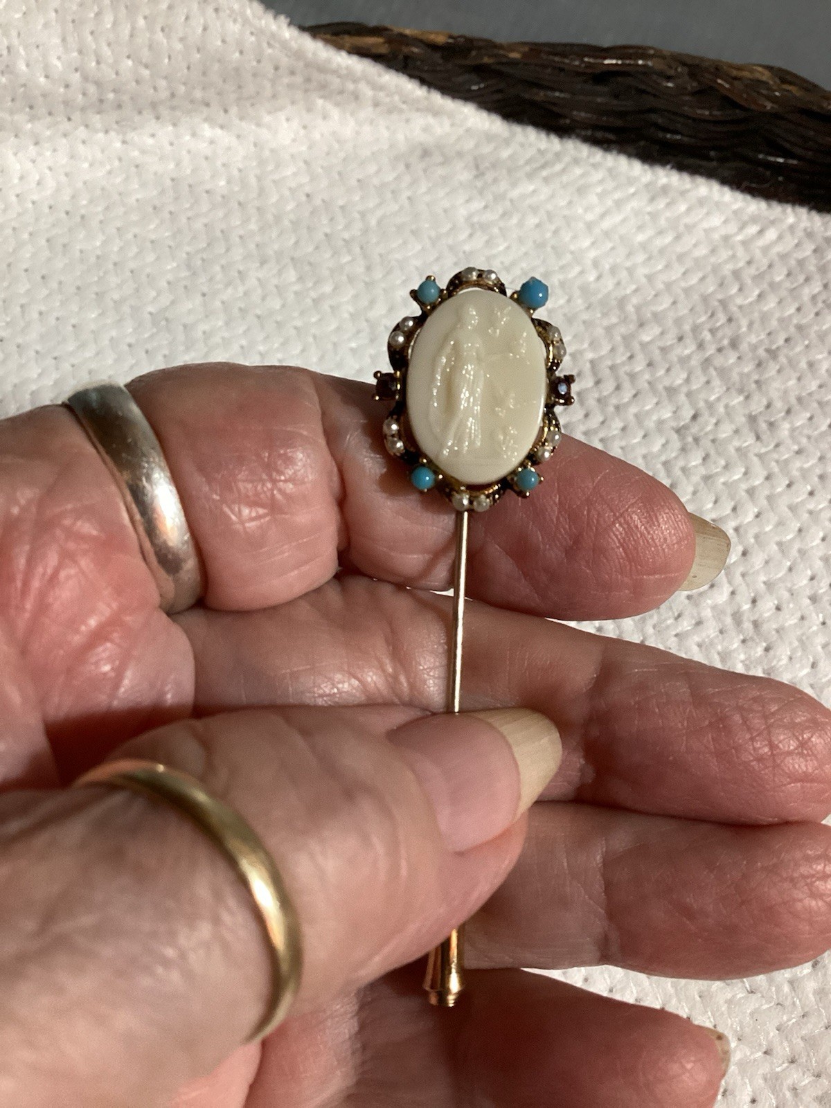 Vtg. Milk Glass Cameo Stick Pin Blue Purple Stones And Faux Pearls