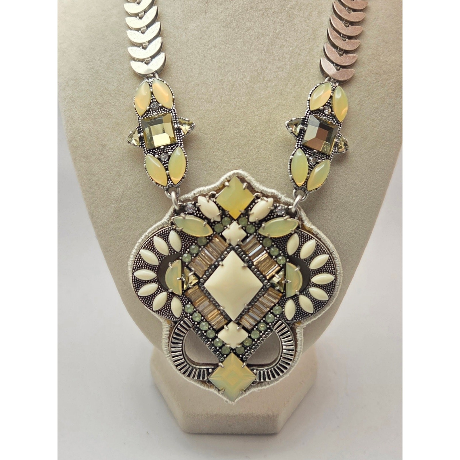 Stella & Dot Statement Necklace Mixed Media Pendant Silver Tone Yellow Cream 24″