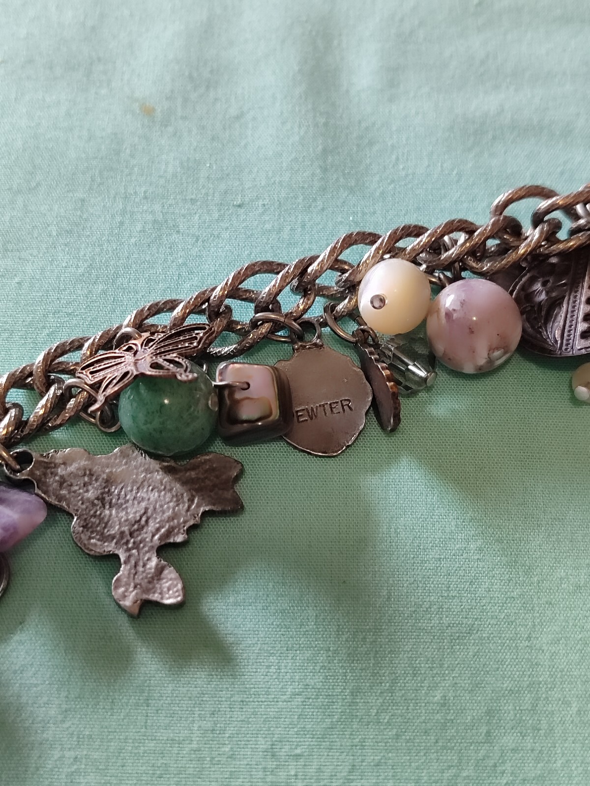 Vintage Loaded Dangle Charm Starter Bracelet Silver Plate Pewter Art Glass Stone