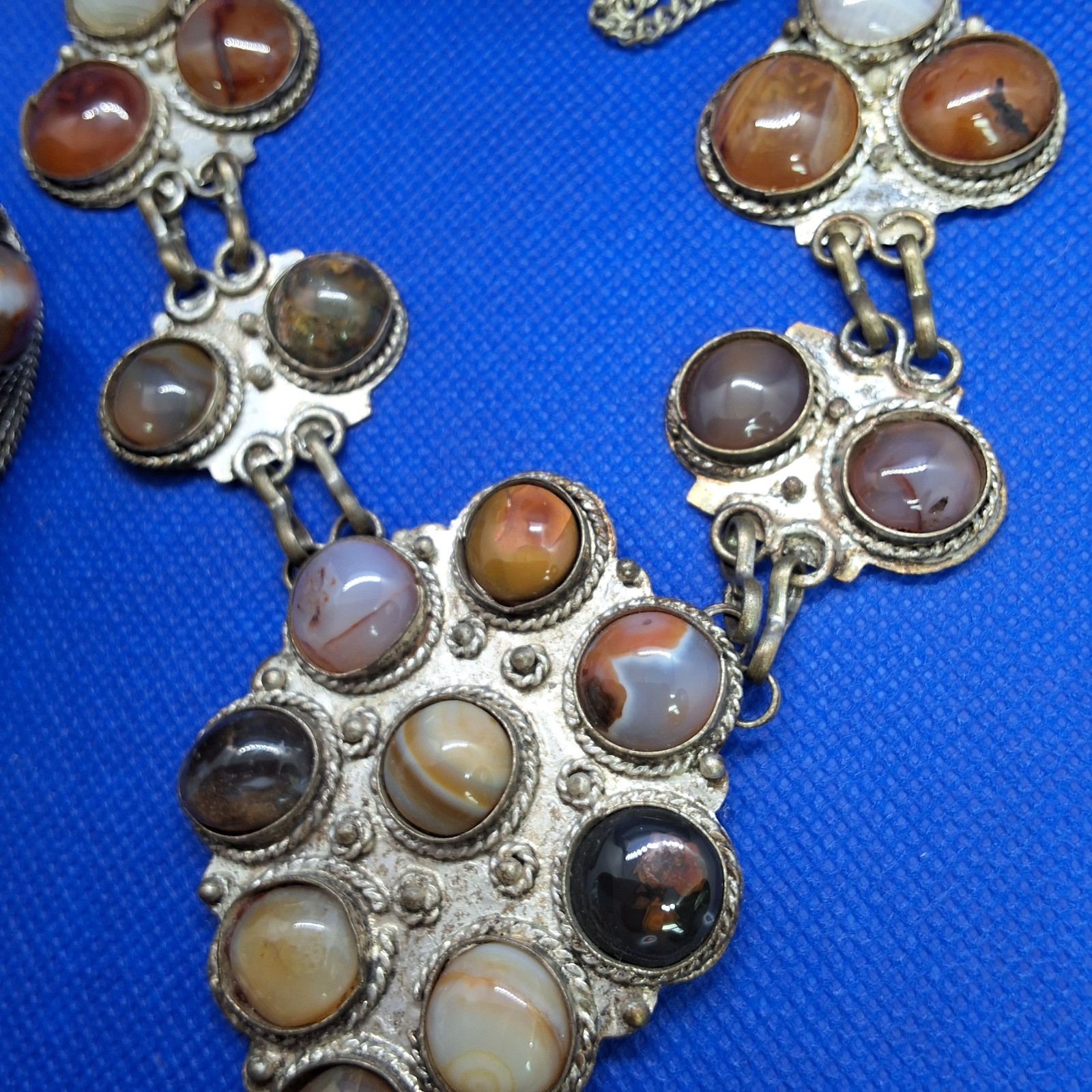 Vintage Tibetan Silver Metal Agate Glass Statement Necklace, Bracelet and Pin