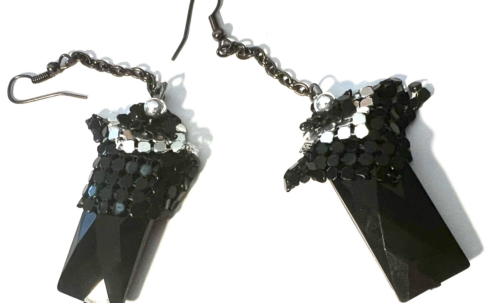 Vintage Retro Dangle Black And Silver Tone Metal Chain And Crystal Hook Earrings