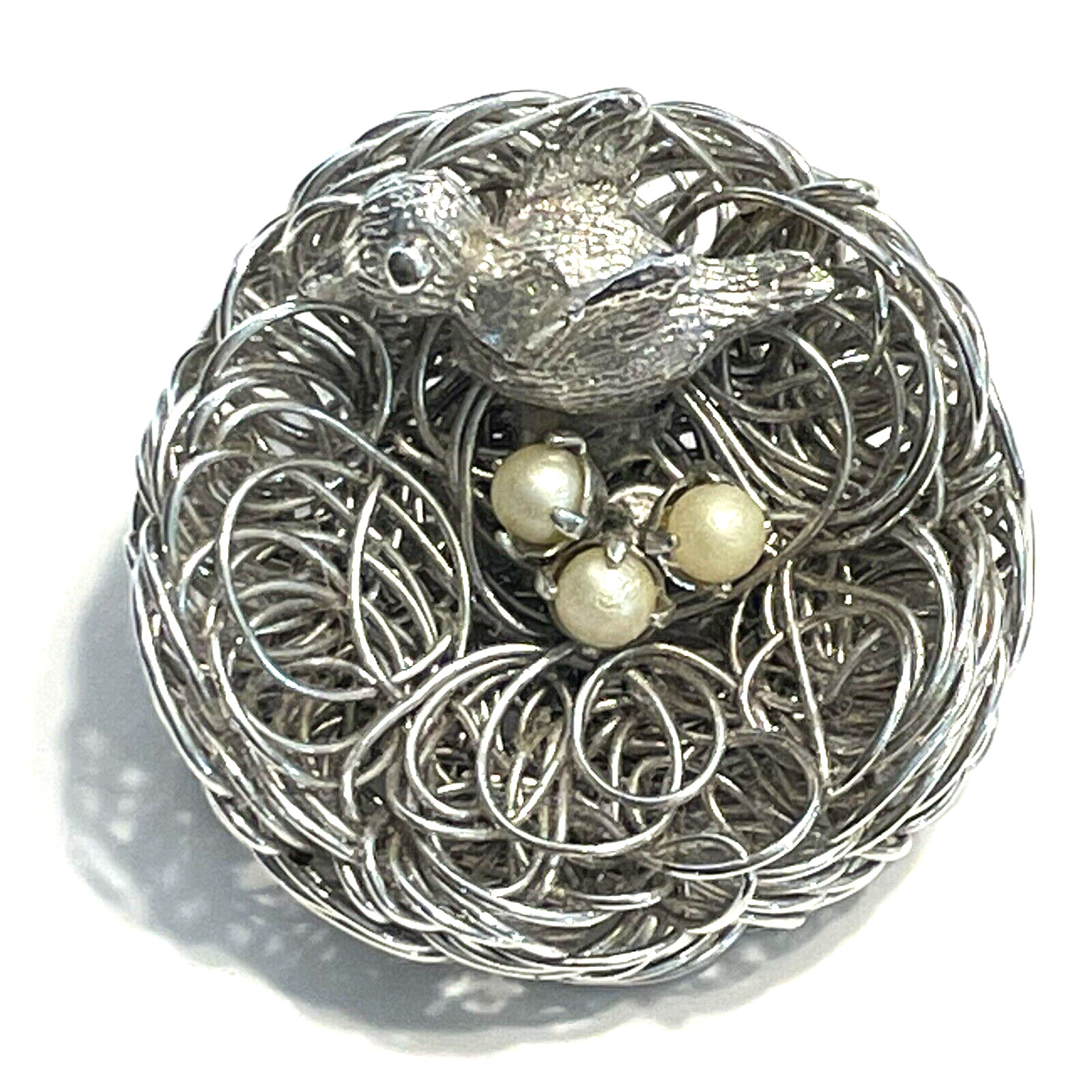 Pair of Silver Tone Brooches Bird & Nest w/Faux Pearl Eggs + Avon Brooch/Pendant