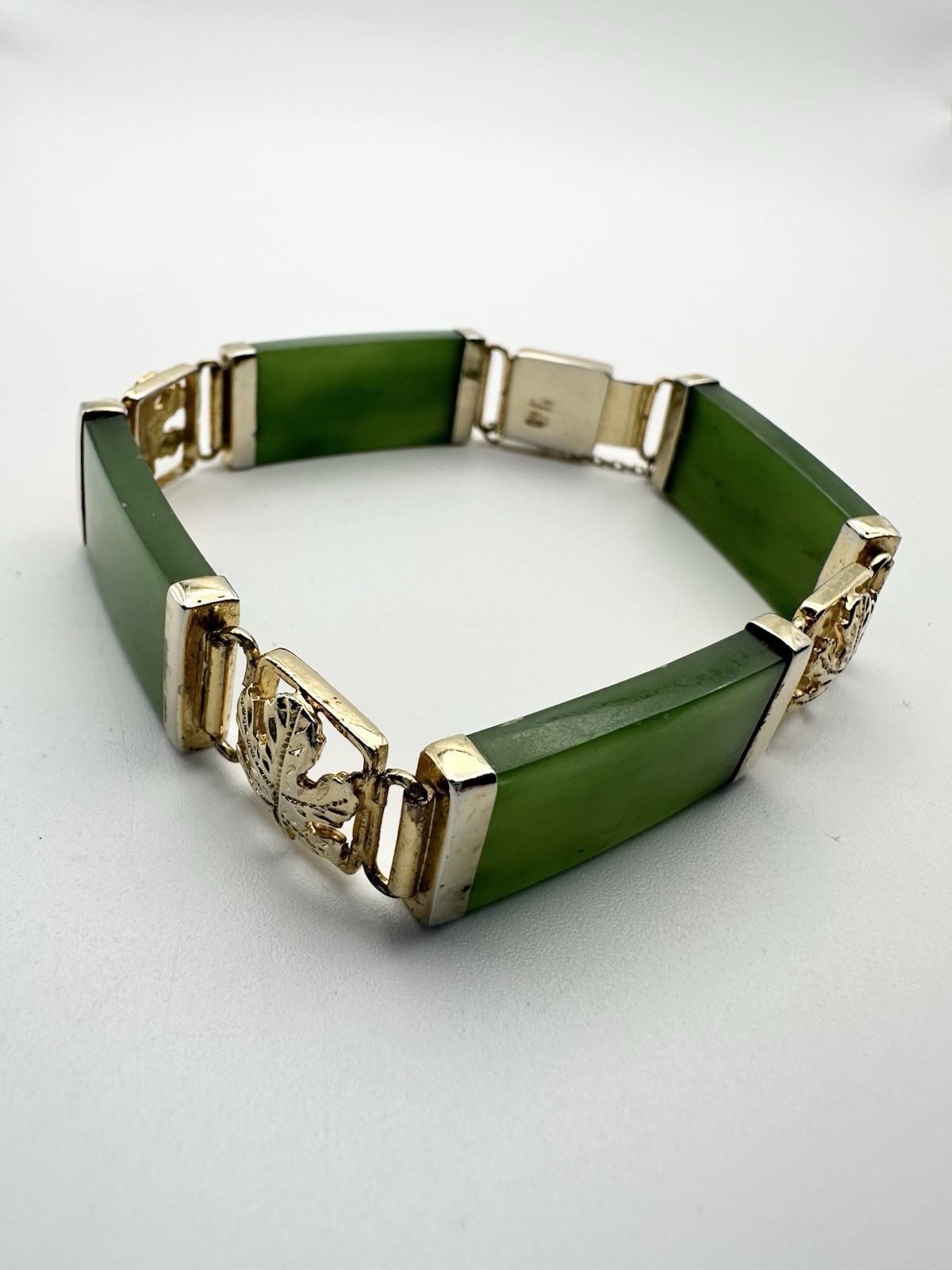 Vintage Gold Over Sterling Silver Natural Nephrite Jade Maple Leaf Bracelet 7.75