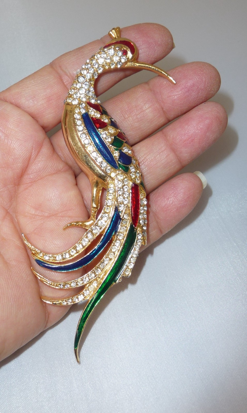 Rhinestone & Enamel Peacock Bird Brooch Red Green Purple Gold Multicolor