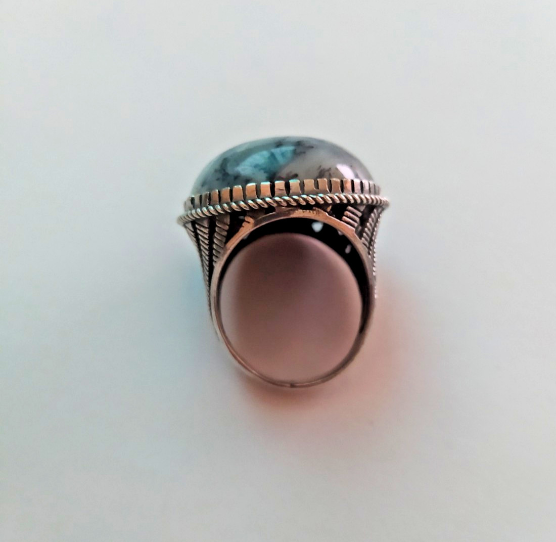 Ancient Vintage Victorian Sterling Silver Ring Natural Agate Stone Size 9