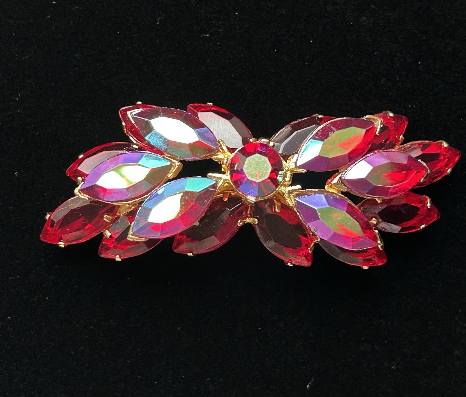 Vintage Red AB Marquise Rhinestone Gold Tone Cluster Brooch Pin 21g