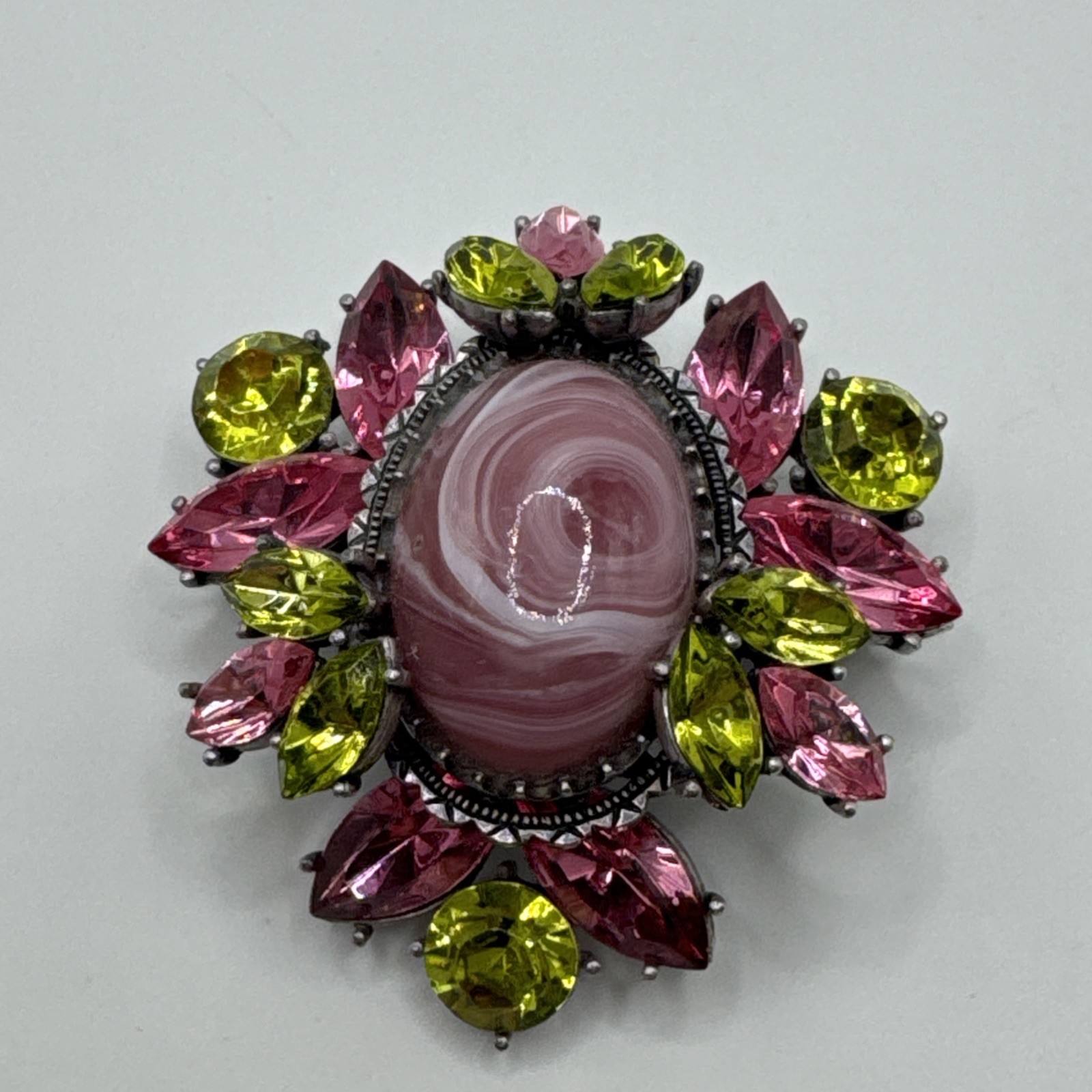 Vintage Flower Large Pink Center Stone with Pink and Green Crystals Brooch Pin