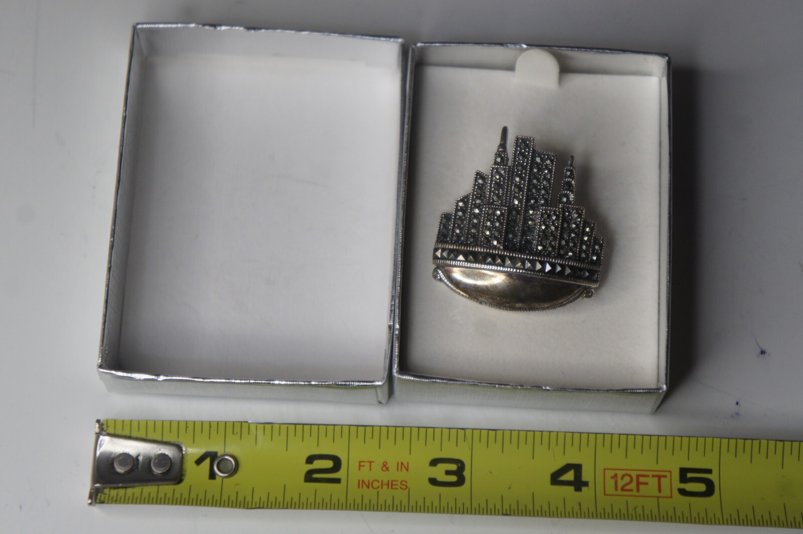 Vintage DBJ 925 Sterling Silver Marcasite New York Skyline Art Deco Brooch