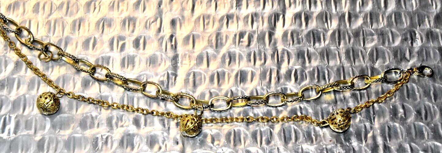 Antique Gold Colored Metal Bracelet w/Oval Links & Thin Loose Chain w/ 3 Balls