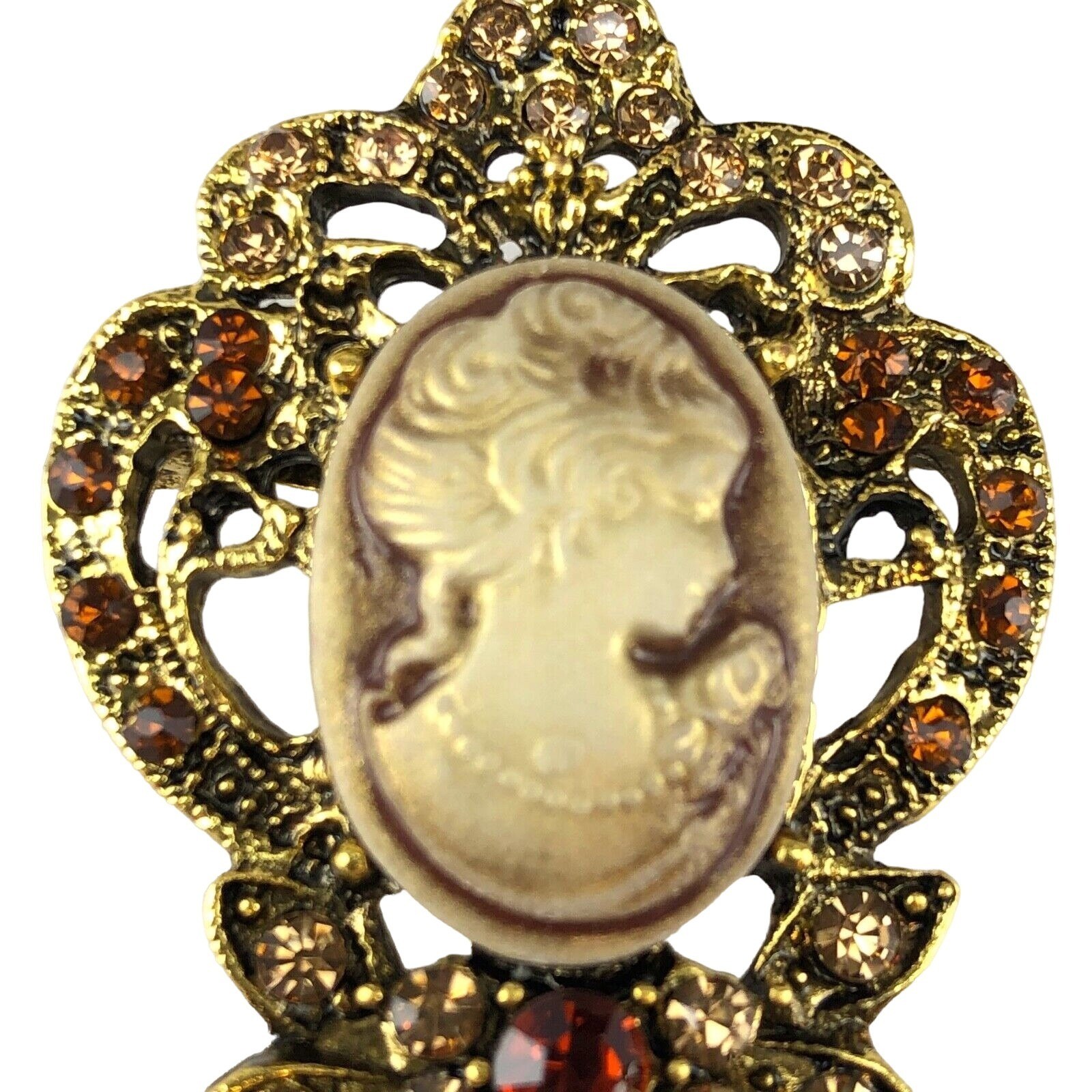 Cameo Rhinestone Brooch Pin Gold Tone & Redish-Brown