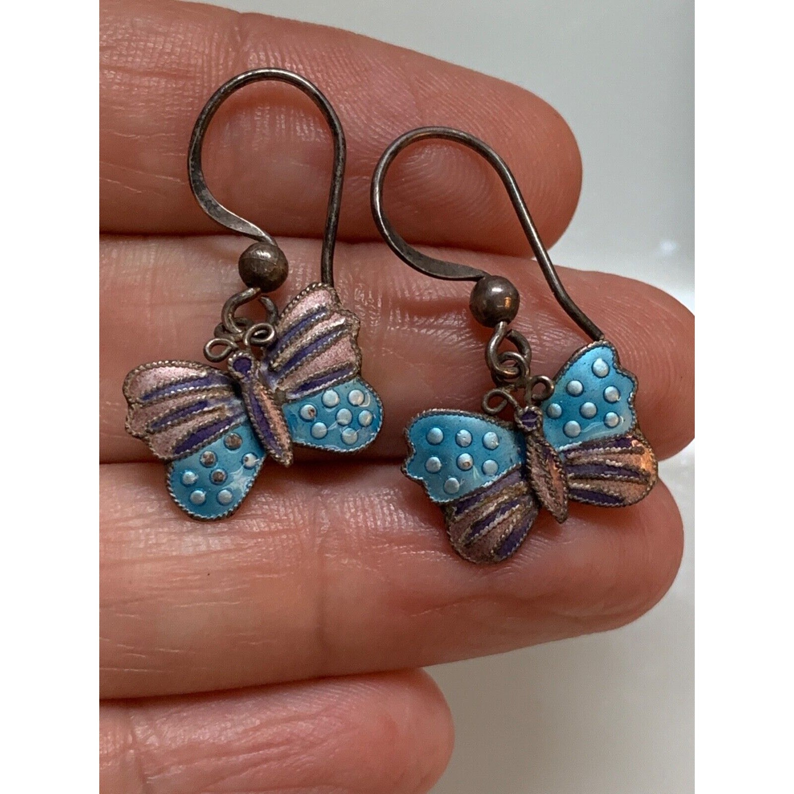 Earrings Vintage Butterfly 925 Sterling Silver Enamel Purple Blue 1.5 inch drop