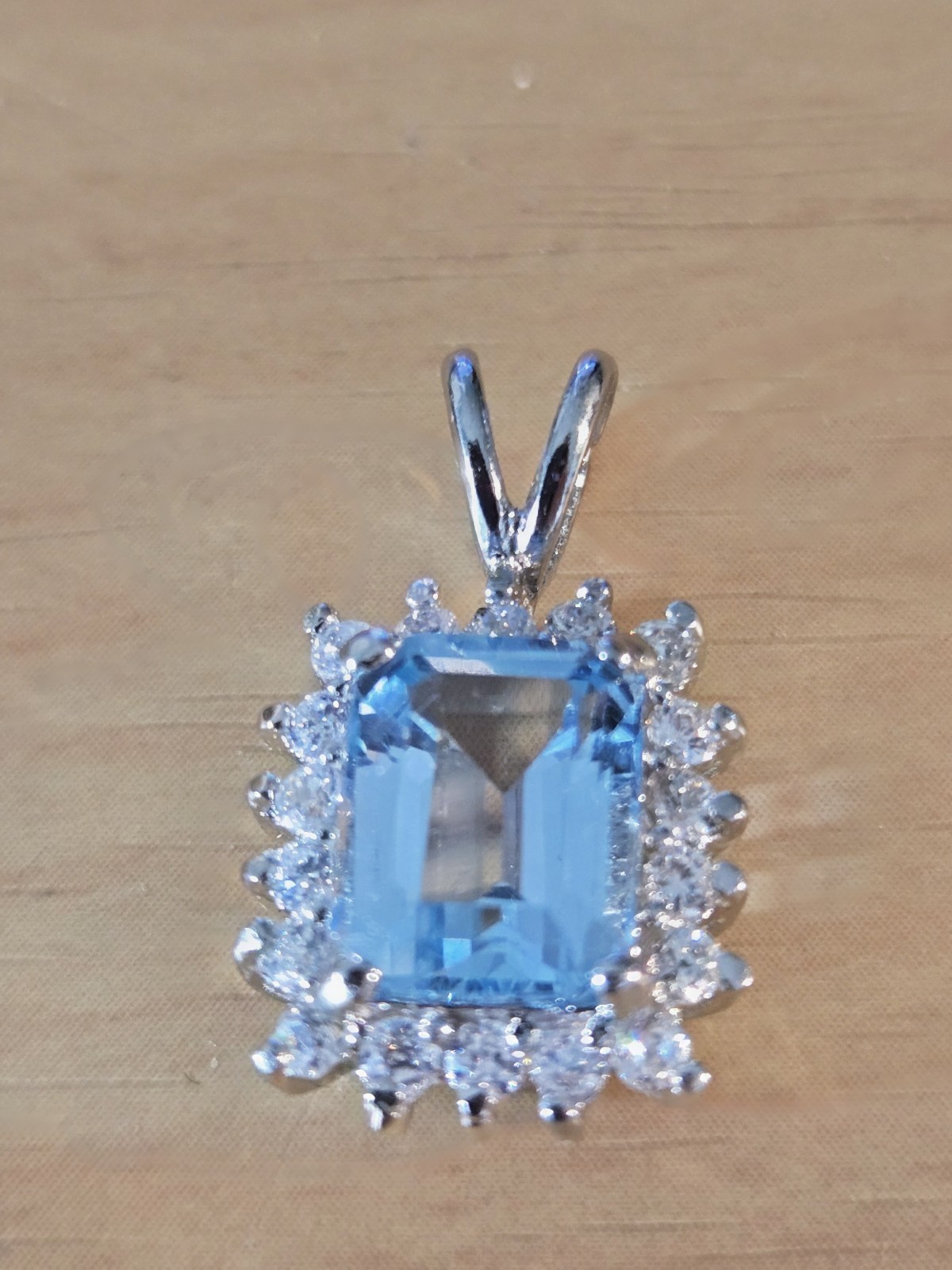 VINTAGE SKY BLUE TOPAZ EMERALD CUT STERLING SILVER 925 PENDANT W/ CZ ACCENTS