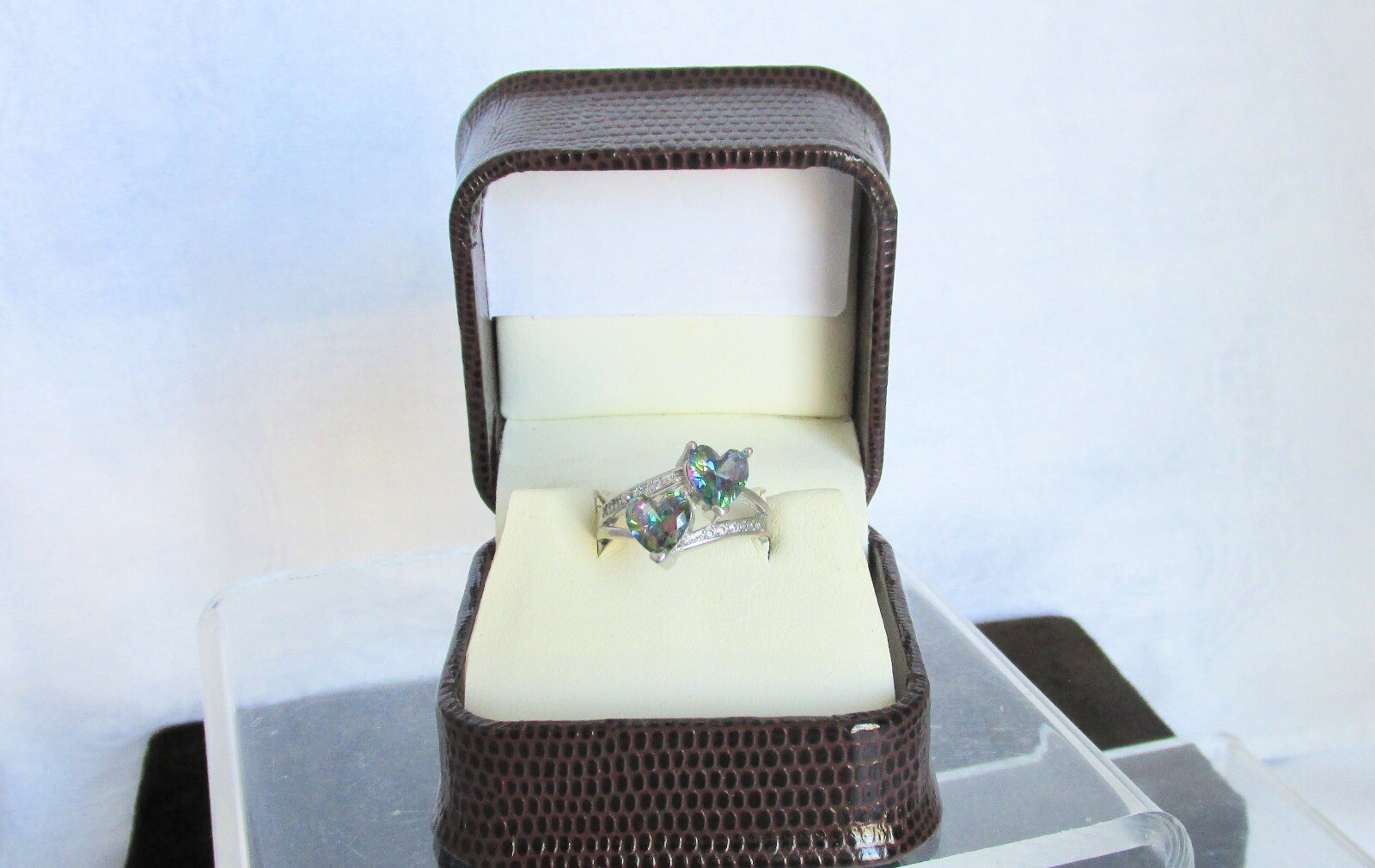Vintage 925 Sterling Silver Mystic Topaz Double Hearts Ring Signed Sz 6
