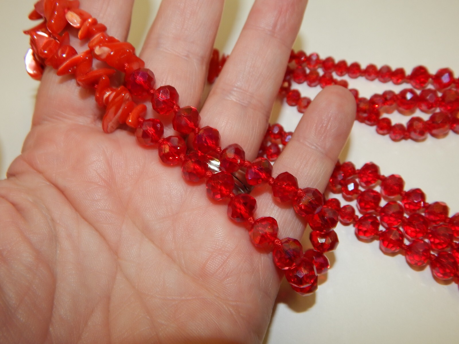 Coral Pink Abalone & Fuchsia Red Aurora Borealis Crystal Beaded Necklace Knotted