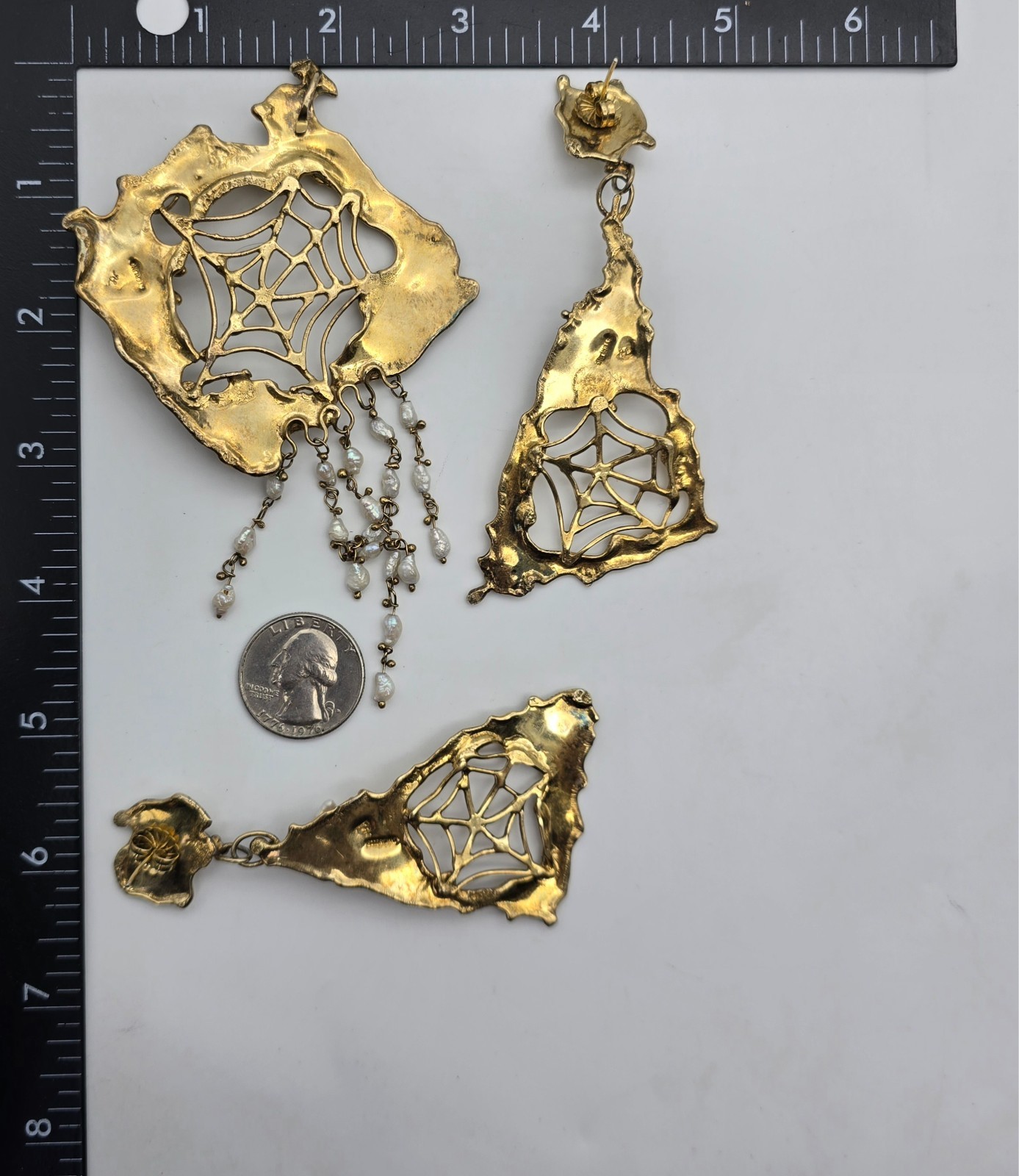 VTG Abstract Brutalist Spider Web Gold over Sterling Pearl Pendant Earrings Set
