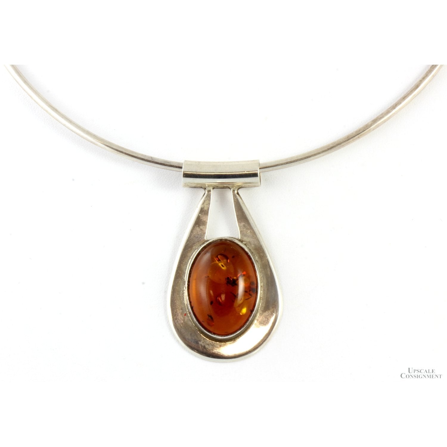Designer Sterling Silver Amber Pendant & Torque Collar – 17 in