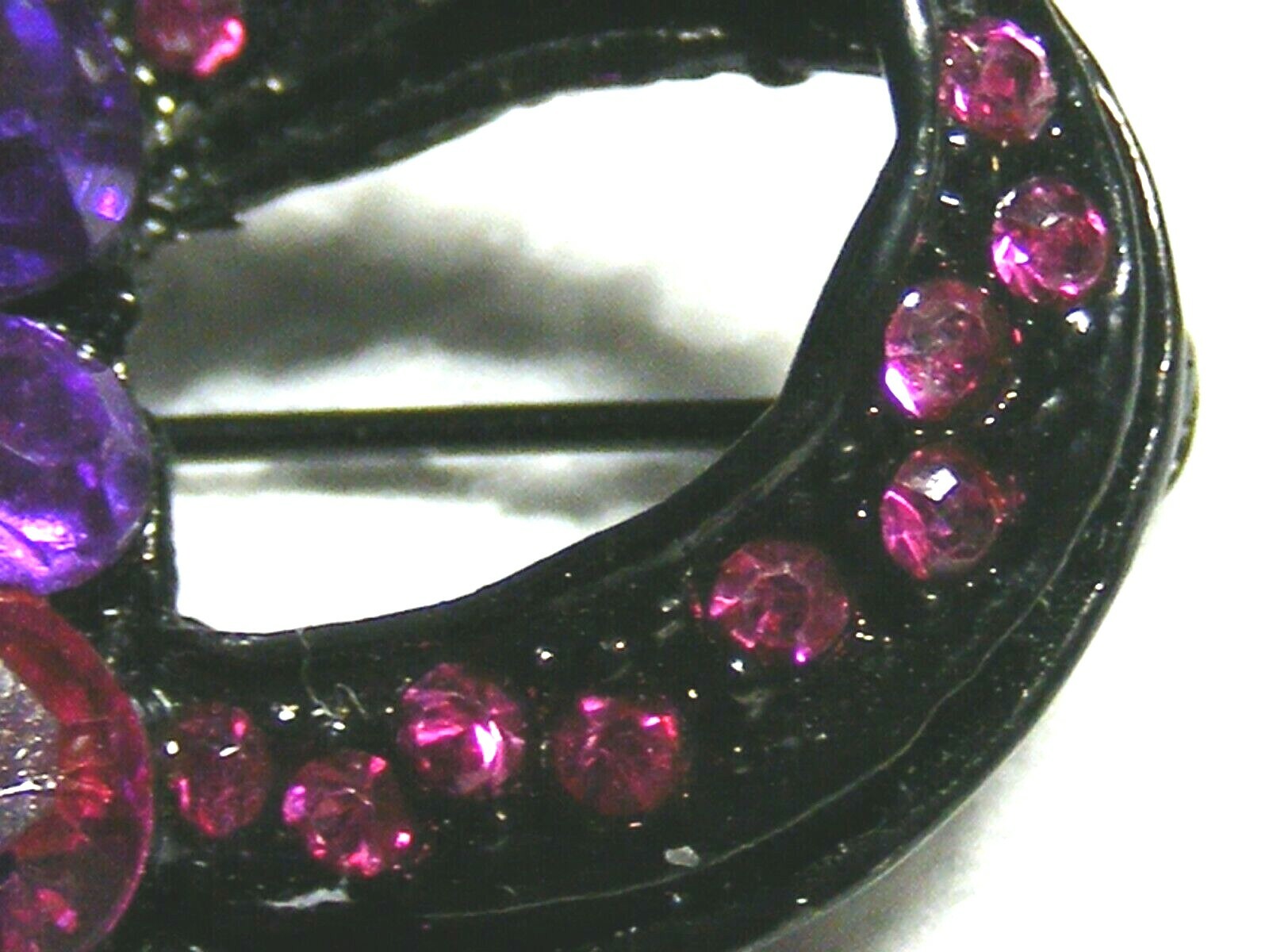 Vtg. Black Metal Pink, Purple And Blue Rhinestone Brooch