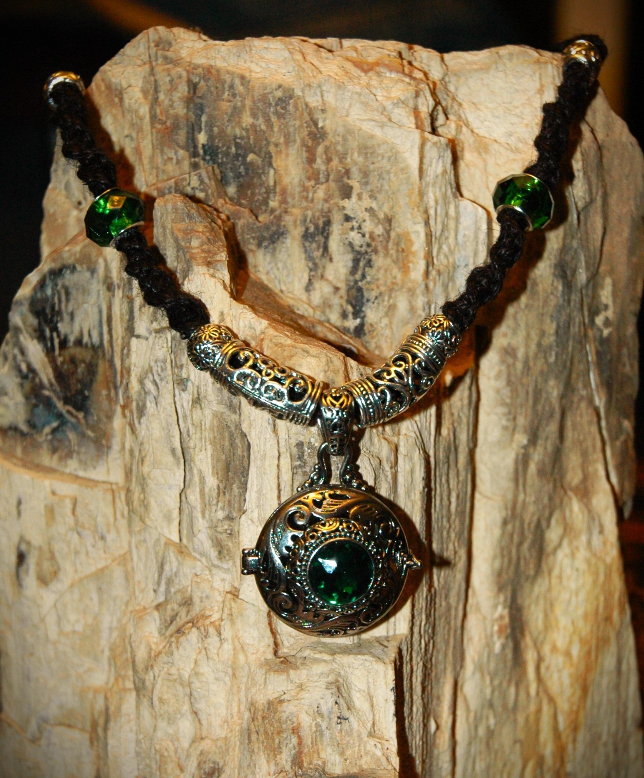 Antique Style Locket with a Green CZ Stone on 20 1/4″ Black Handmade Hemp Chain