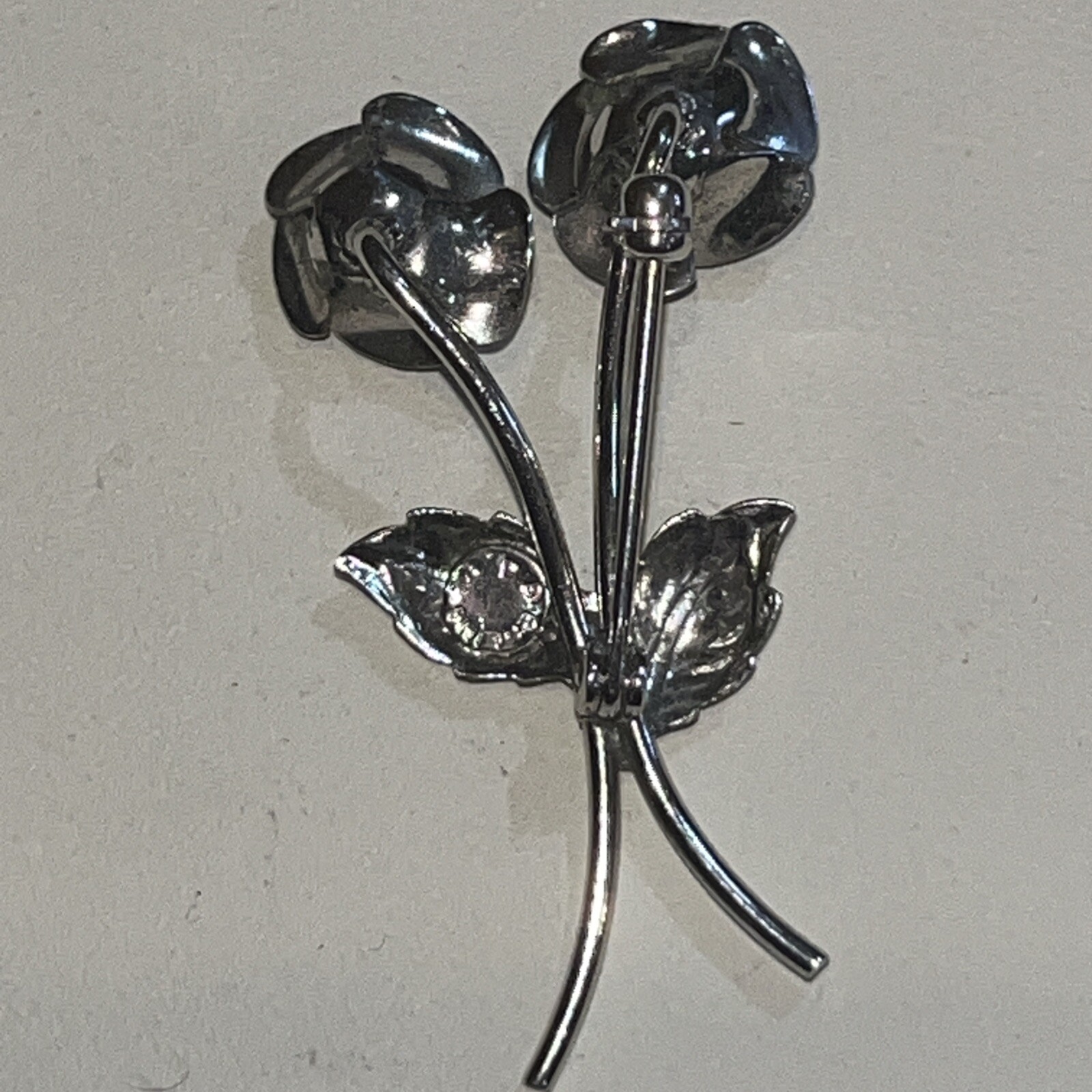 Sterling Silver Double Rose Flower Brooch Pin 1.5 Signed AC