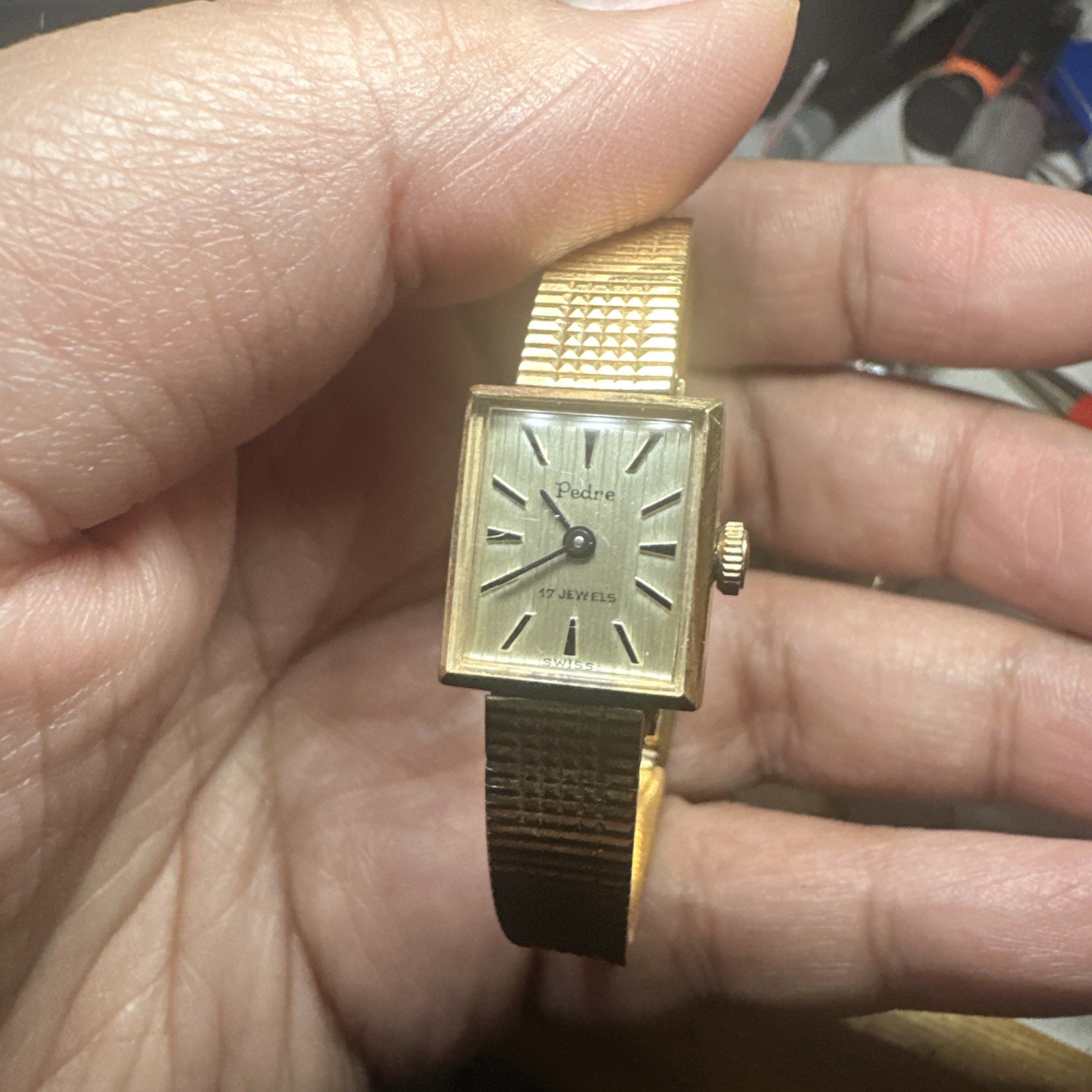 Working Vintage Pedre 17 Jewels Manual Wind Ladies Gold Tone 15mm Fit 6in Rare