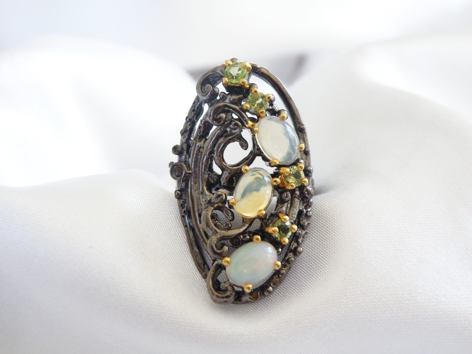 Brutalist Sterling Silver 925 Ethiopian Opal Peridot Modernist Ring Size 8