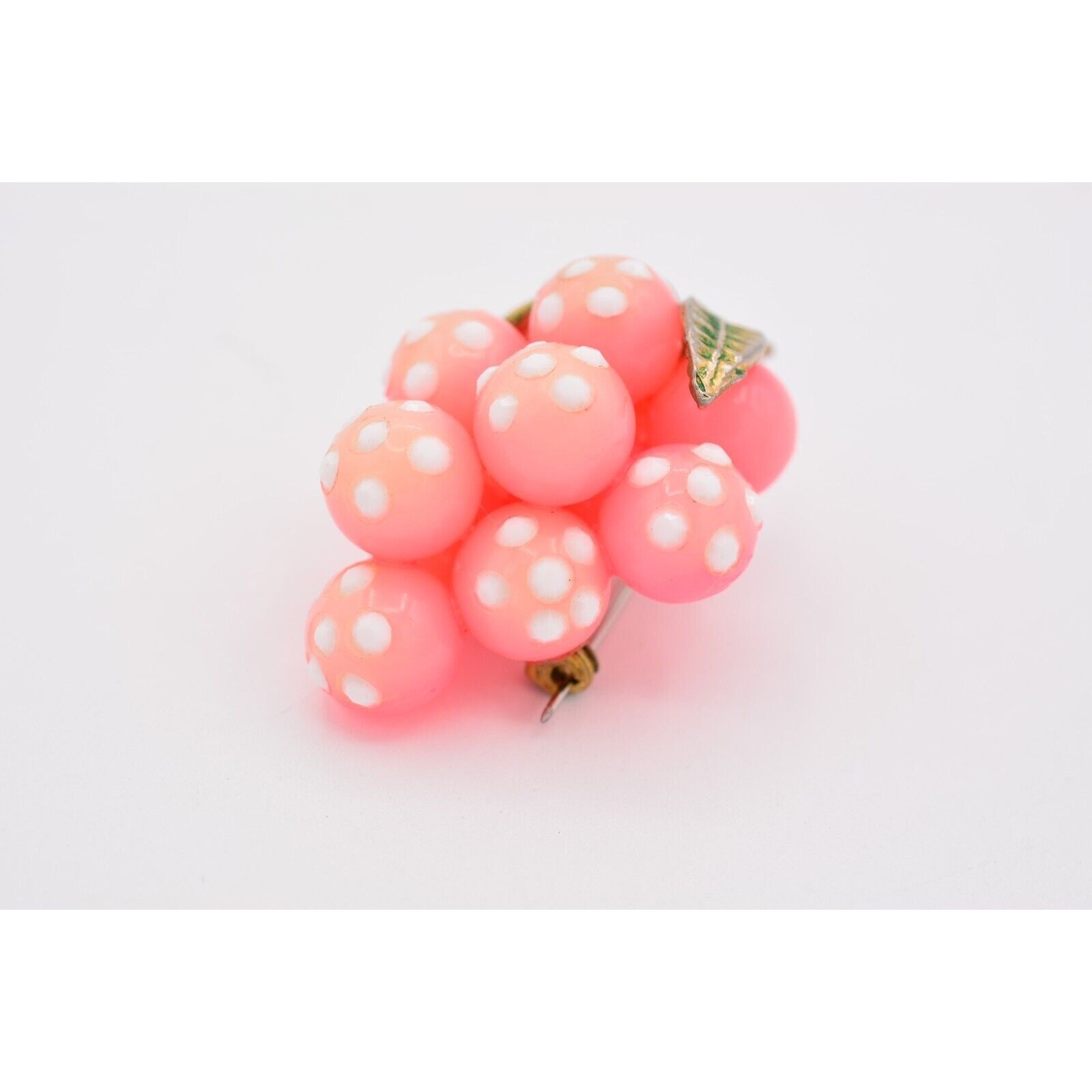 Vintage Glass Grapes Pin Brooch Pink White Polka Dot Crystal Antique 1960s BinAJ