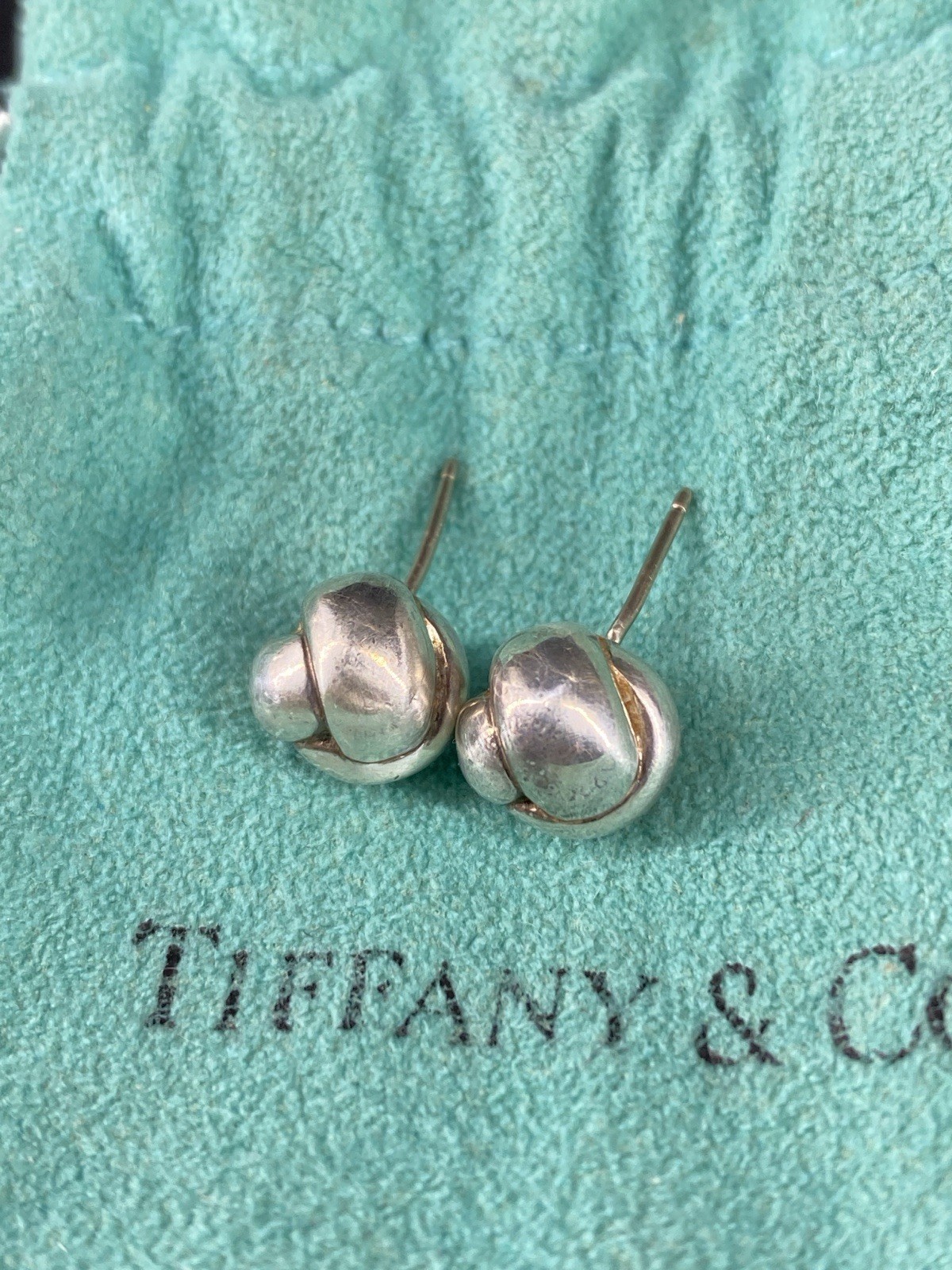 Tiffany & Co 925 Sterling Silver Twist Knot Love Ball Stud Earrings w/ Pouch