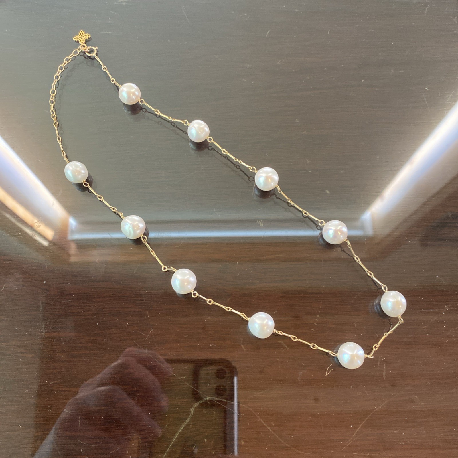 Pearl Station Necklace Bar Link Gold Tone 18″ Charm at Clasp Classic Formal