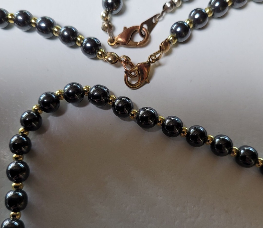 Vintage 20cm Gold Tone Black Hematite Stone 6mm Bead Bracelet & 45cm Necklace