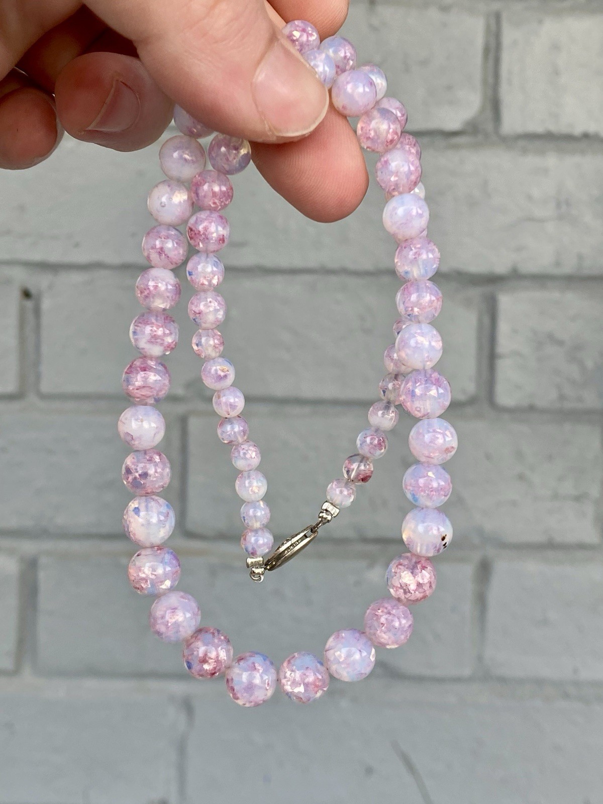 Vtg Opalescent Foil Pink Blue Glass Graduated Necklace Sterling Silver Clasp