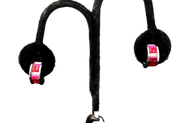 VTG Signed GIVENCHY GUNMETAL Tone HOT PINK Rhinestone Half Hoop Clip Earrings