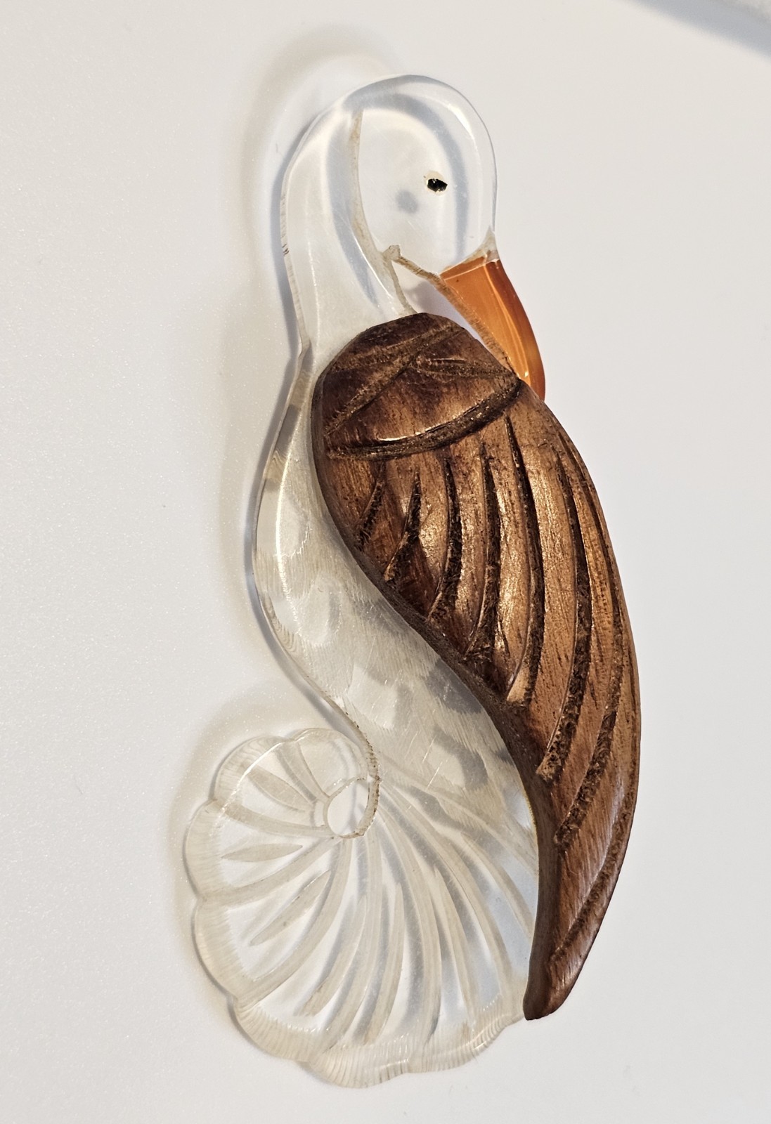 Vintage lucite and wood brooch bird stork
