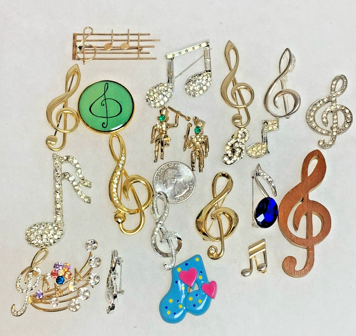 Vintage Musical Brooch Lot 21pc Treble Clef Notes Rhinestone Figural Gold Silver