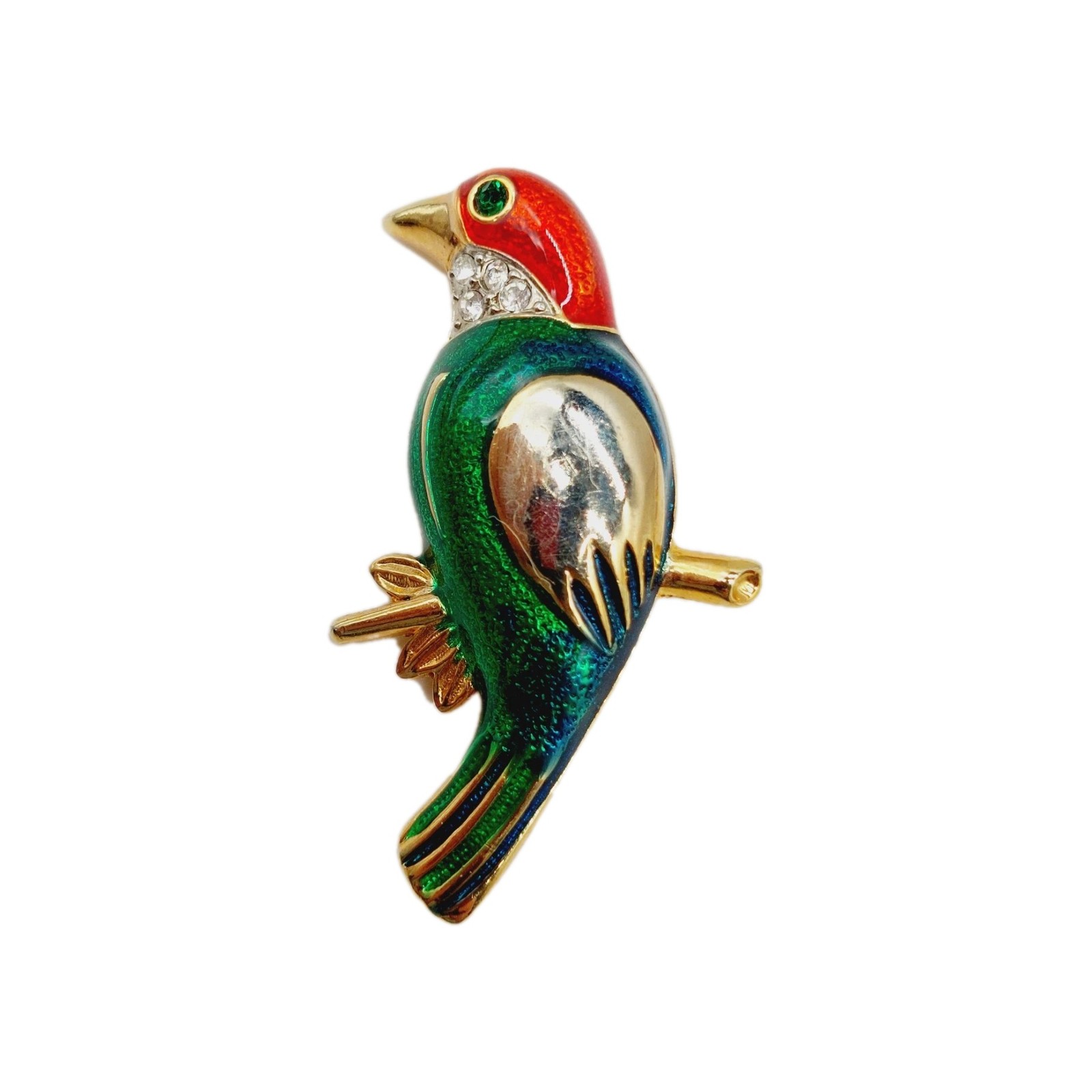 Parrot Brooch Pin Rhinestones Green Blue Enamel Vintage 1.5″