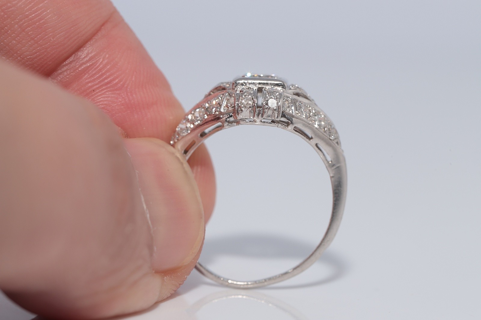 Antique Circa 1920s Handcrafted Art Deco Platinum Natural Diamond Ring