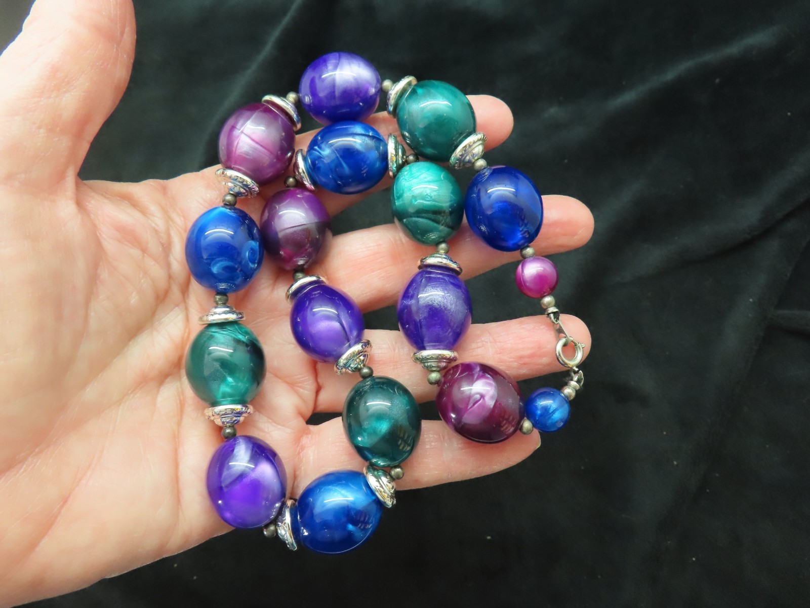 Vintage Green, Purple & Blue Silver Tone Necklace