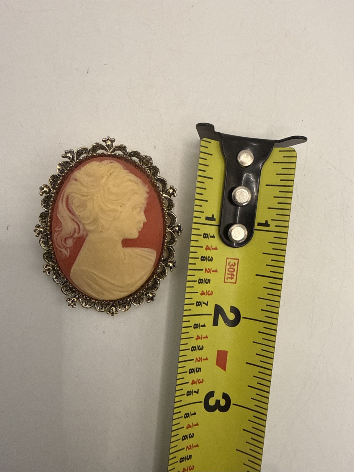 Vintage Gold Tone Cameo Woman Brooch Pin Cream Lady on Orange Back Signed Gerrys