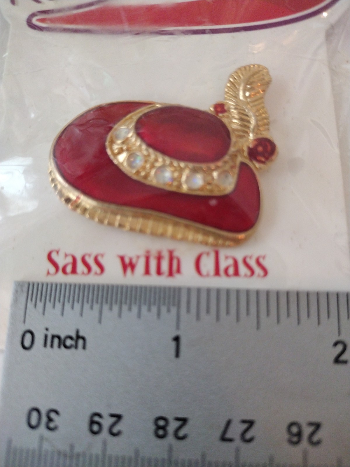 1980s Red Hat Society H’ATTITUDE Red Enamel 18kt Gold Finish Rhinestone Brooch