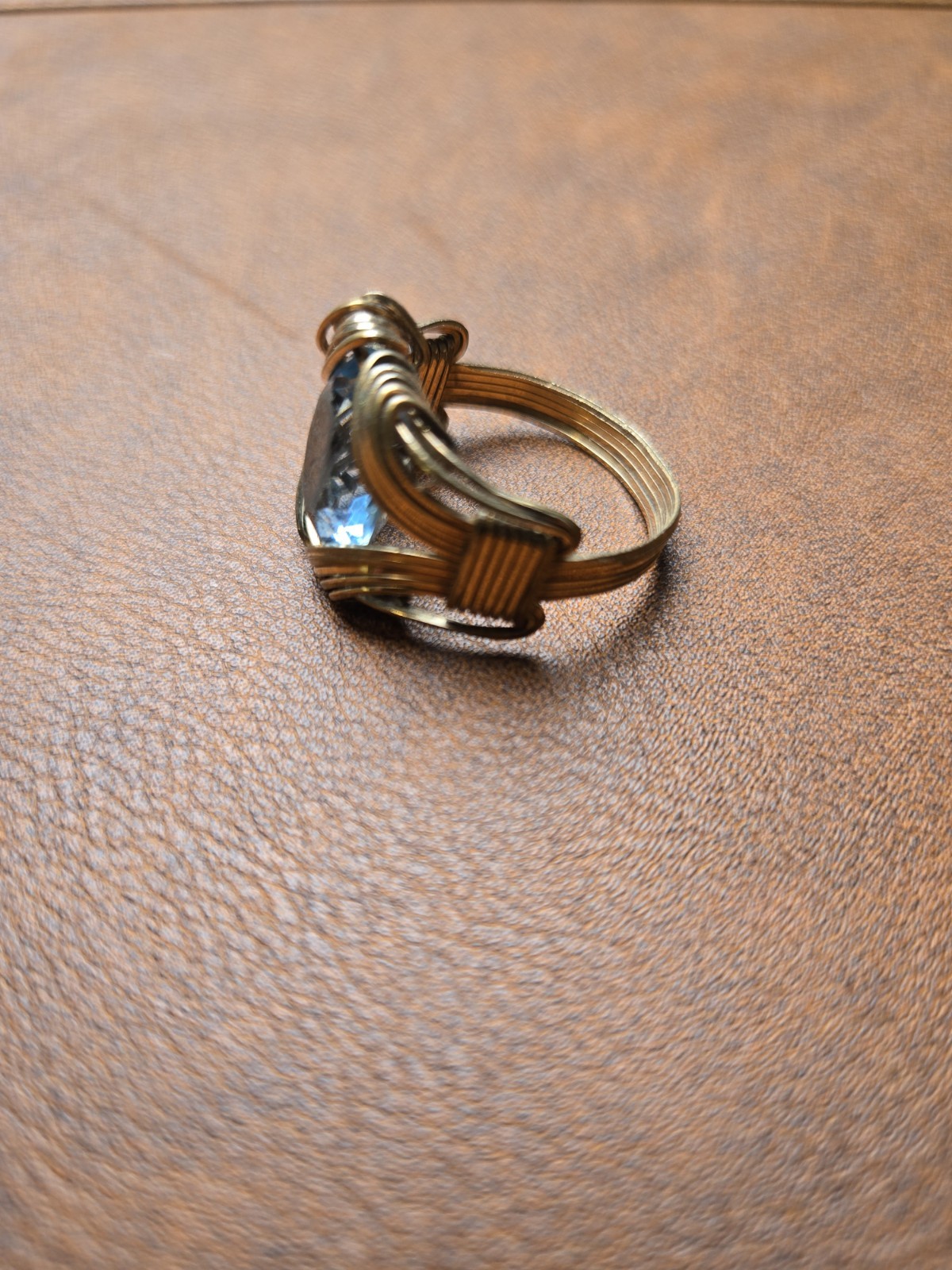 Art Deco Style Gold (Untested) Wire Ring Large Blue Glass Stone