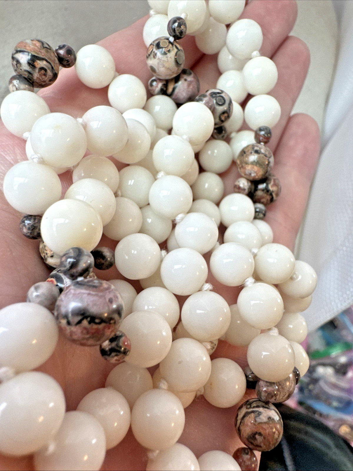 VTG Quartz Agate Jasper polished Crystal Glass Stone Beaded hand knot Necklace