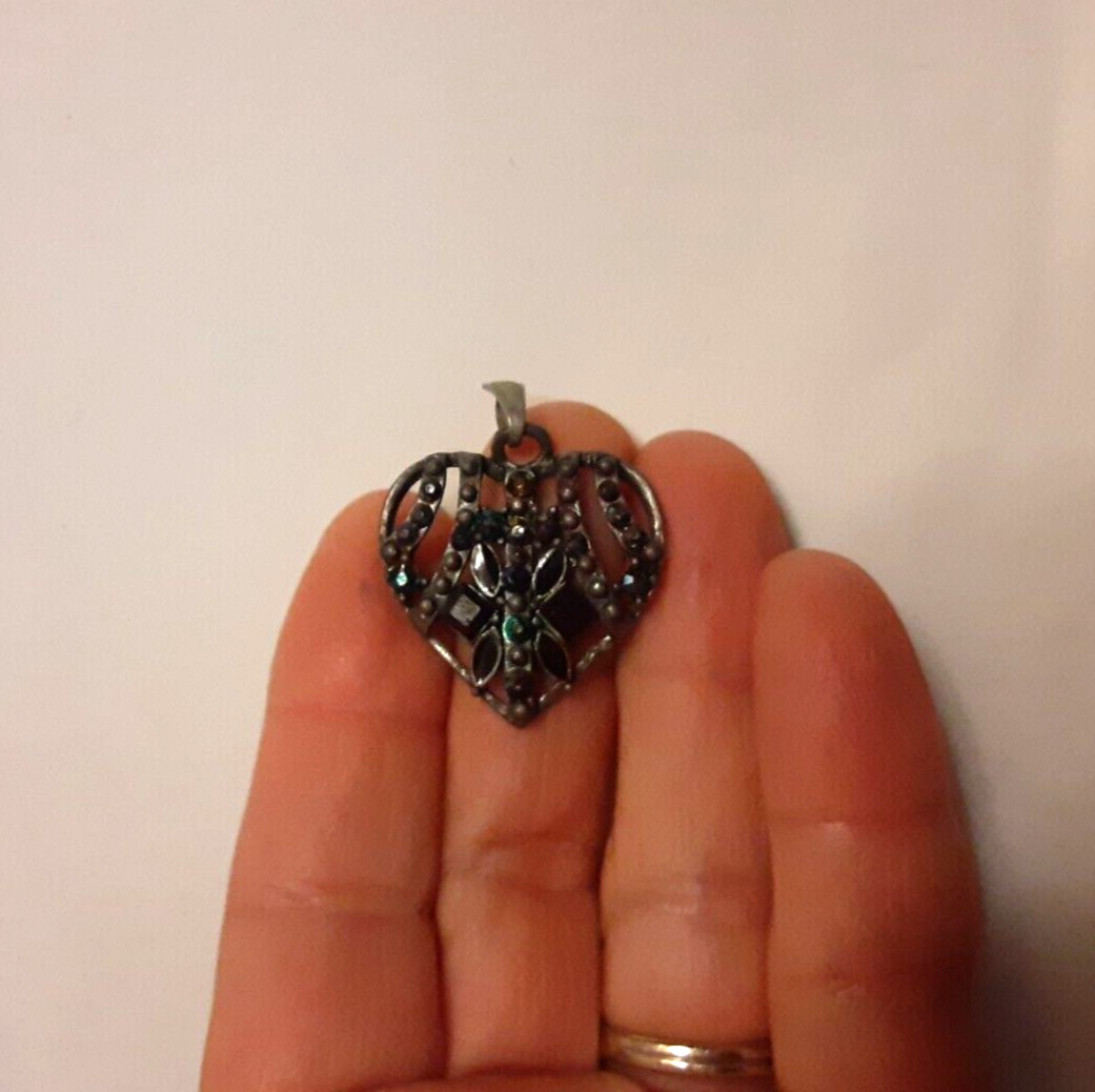 Vintage Pewter Openwork Pendant or Zipper Pull w/Enamel & Rhinestones