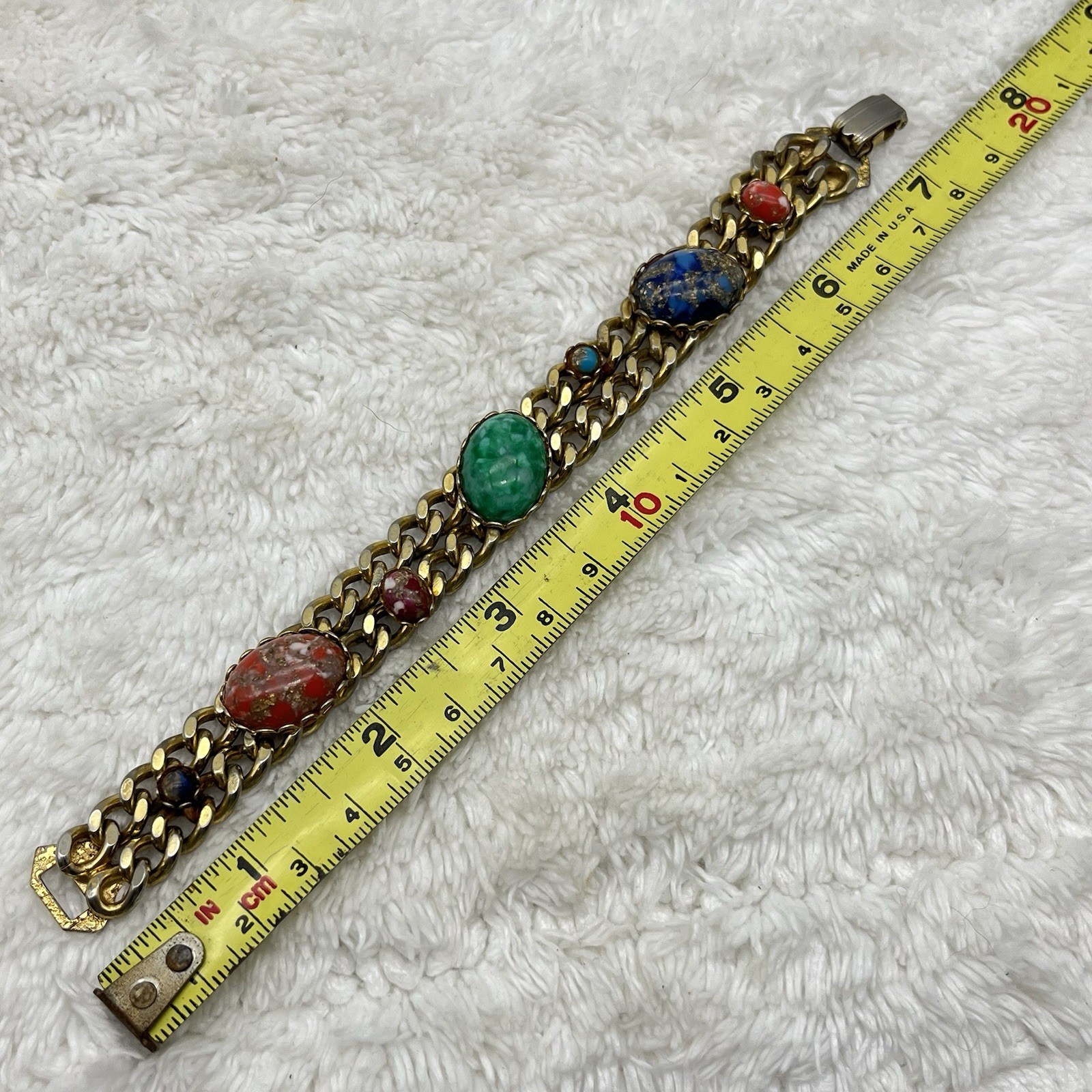 Vintage Marbled Art Glass Bracelet Gold Tone Chain Colorful Fits 6.25″ Wrist