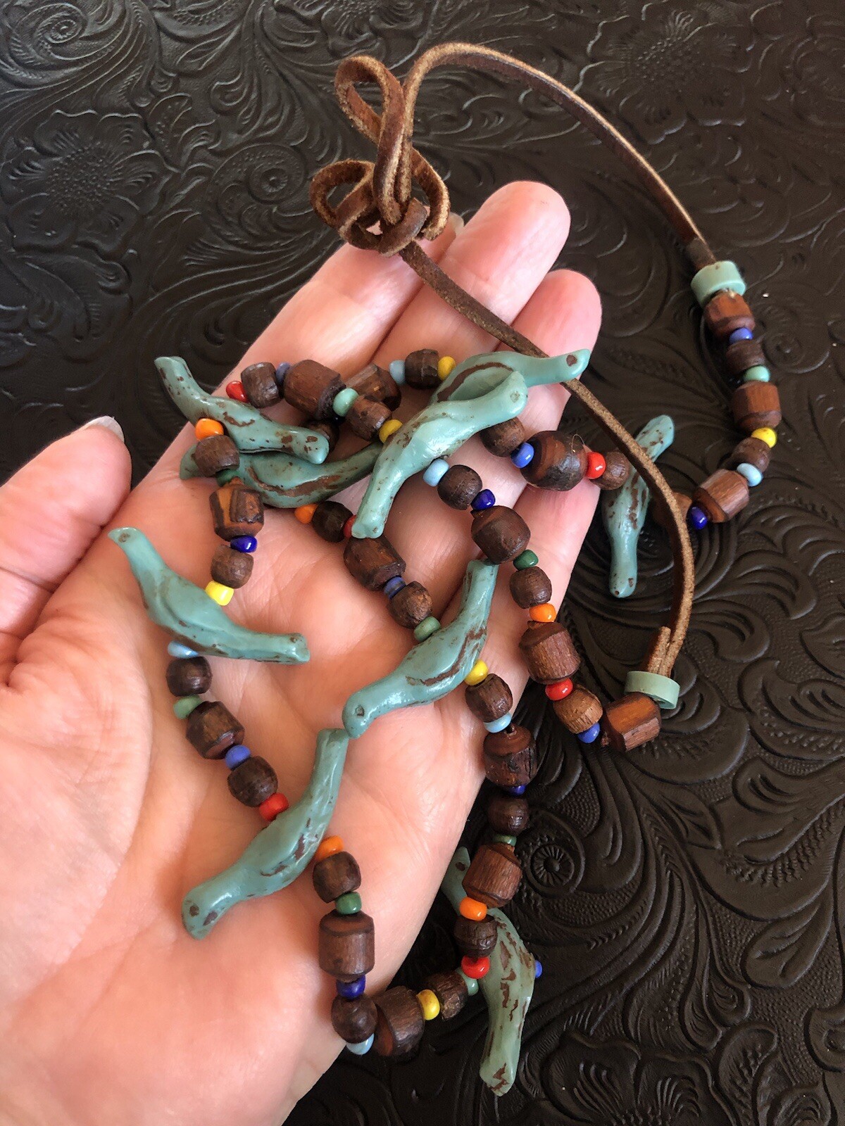 Vintage 1960s Blue Bird Fetish Necklace, Leather Wood Plastic Route 66 Souvenir