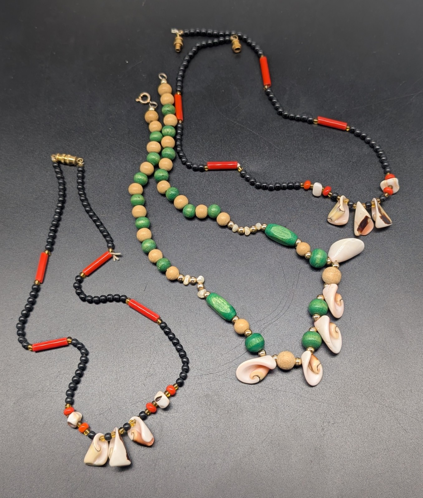 3 Vintage Seashell & Colored Bead Summer Beach Surfer Necklaces