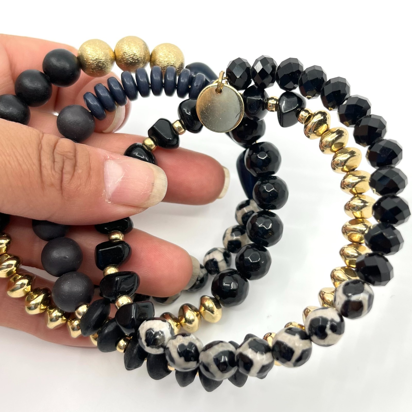 Vintage Boho Black Gold Multi-Strand Beaded Wrap Bracelet Mixed Texture Stack