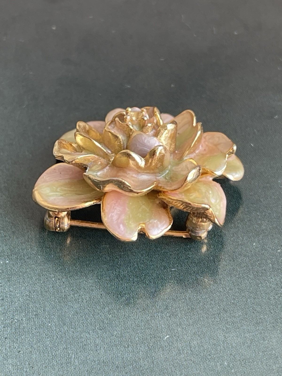 Vintage Joan Rivers Camellia Flower Brooch Enamel Gold Tone Signed