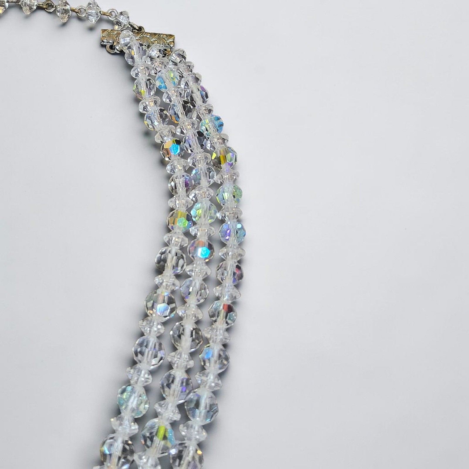 Vintage Aurora Borealis Crystal Necklace 3 Strand Clear Glass Choker Collar AB